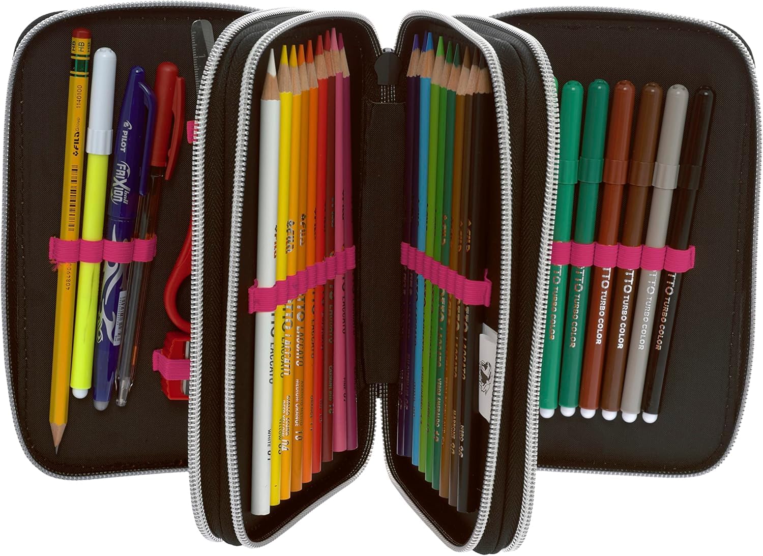 Zaino Scuola tondo Lyon WGF rosa viola per bambine ragazze scuola primaria - 2 Scomparti zip + astuccio 3 piani completo + Omaggio 7 Penne Scatto cancellabili e Portachiave paillettes