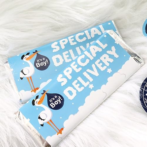 Miniatura 3 de Big Dot of Happiness Boy Special Delivery - Envoltura de barra de caramelo azul It's A Boy Stork Baby Shower Favores - Juego de 24
