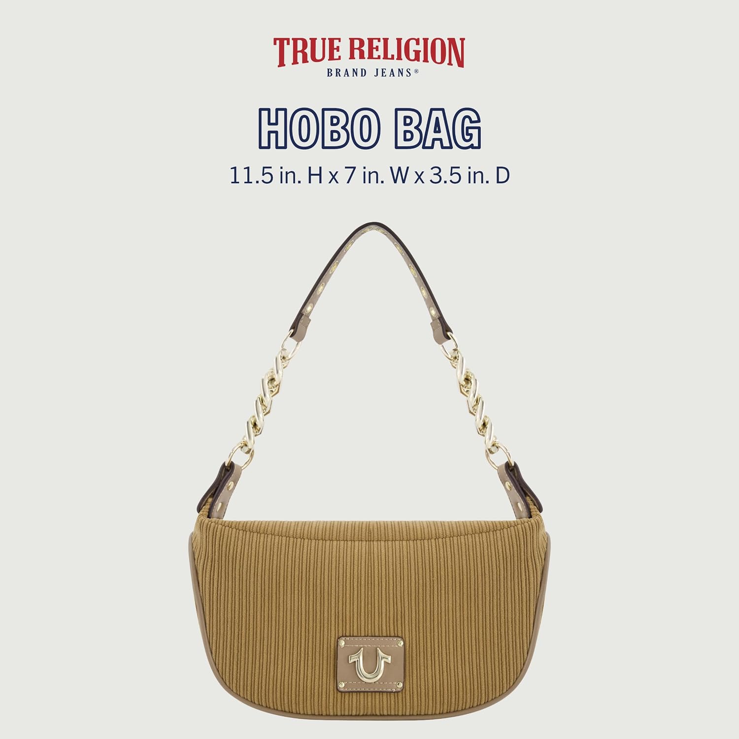 True Religion Women's Shoulder Bag Purse, Corduroy Hobo Handbag with Chain Strap