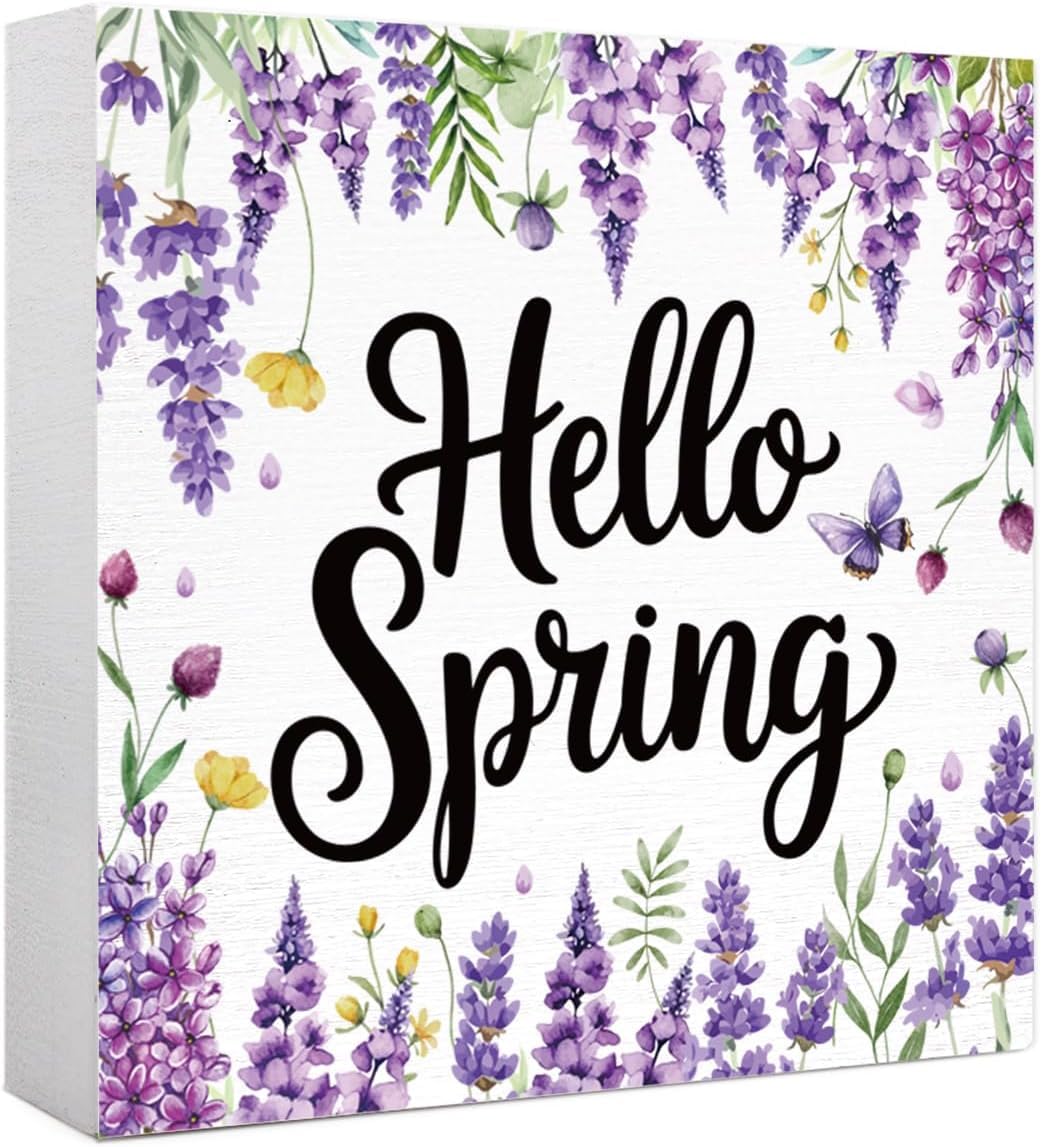 Hello Spring Box Sign 5x5 Inch Floral Wooden Tabletop Decor