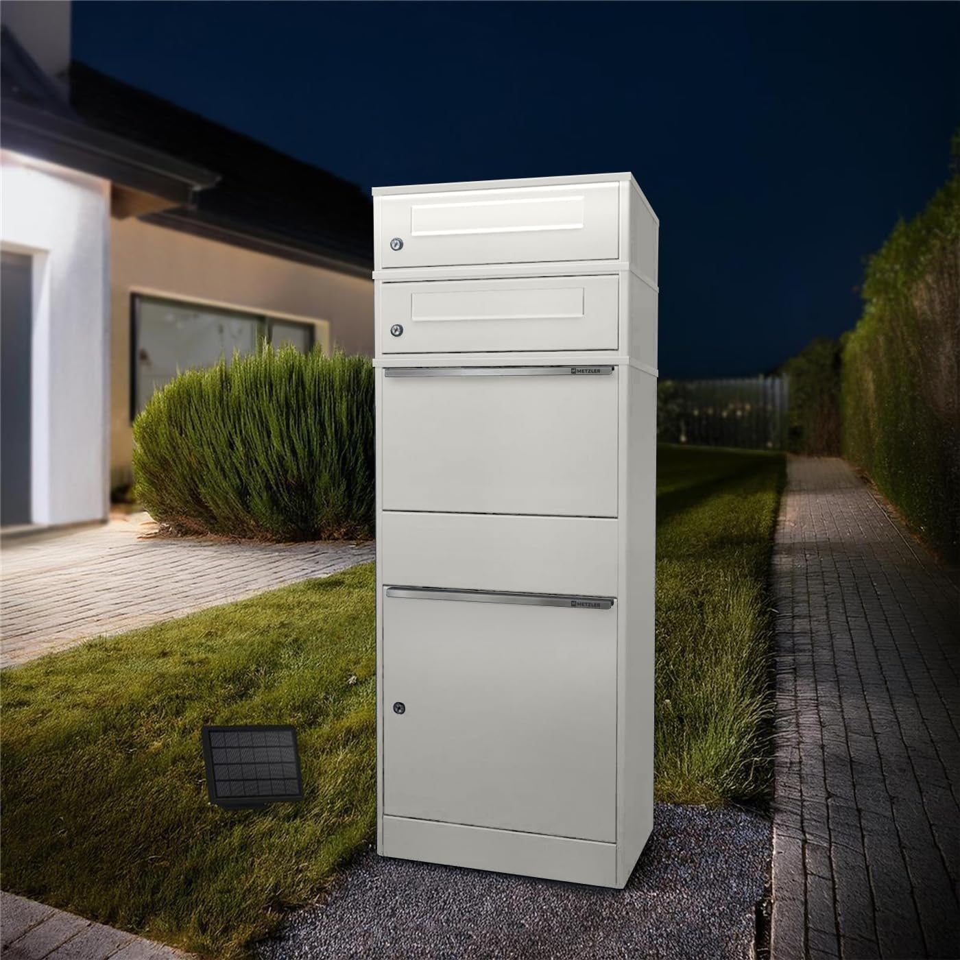 Parcel Box with LED Solar Lighting and Two Letter Boxes, Lockable and Weatherproof in White, Without Engraving, Freestanding Made of Powder-Coated Steel, for Contactless Delivery Outdoors