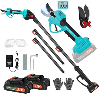 21V 2-in-1 Cordless Pole Pruning Shears, 1.6" Cutting Diameter Electric Pruning Shears with 9 ft Extension Pole, Tree Pruner with 2pcs 2.0Ah Rechargeable Lithium Battery, LCD Display Screen SK7 Blades