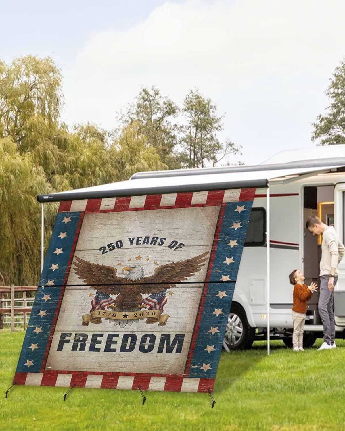 RV Awning Sun Shade Screen 9' x 7', 250 Anniversary USA Flag Mesh RV Awning Shades Complete Kits, Eagle Blue Red Vintage Sunlight Blocker Outdoor Canopy for Camping Trailer Motorhome