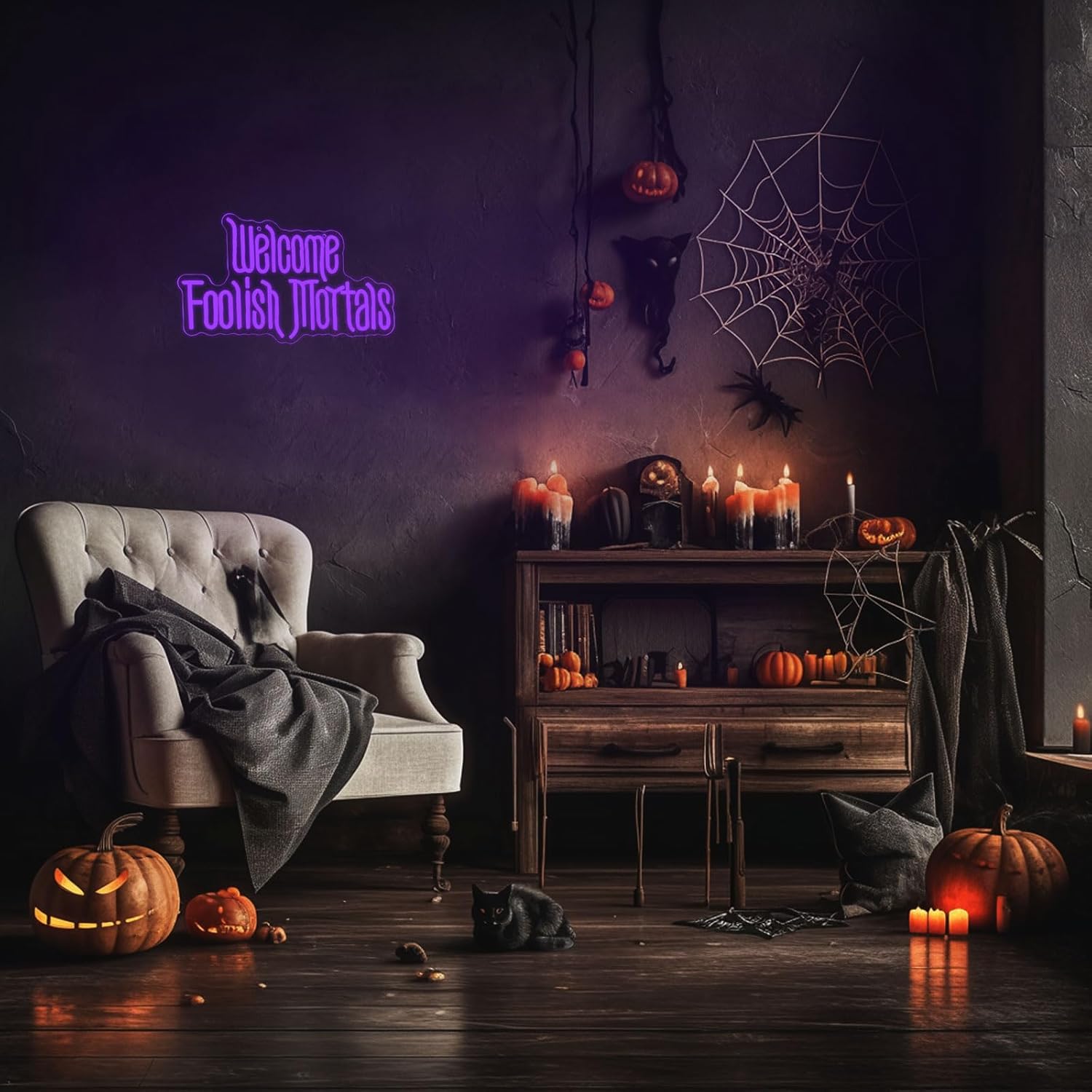 Welcome Foolish Mortals Neon Sign, Anime Fans Neon Light Spooky Gothic Haunted Mansion LED Coffin Decor USB Powered, for Horror Party Haunted House Man Cave Home Room Themed Bars(16.1 * 9.4 In)