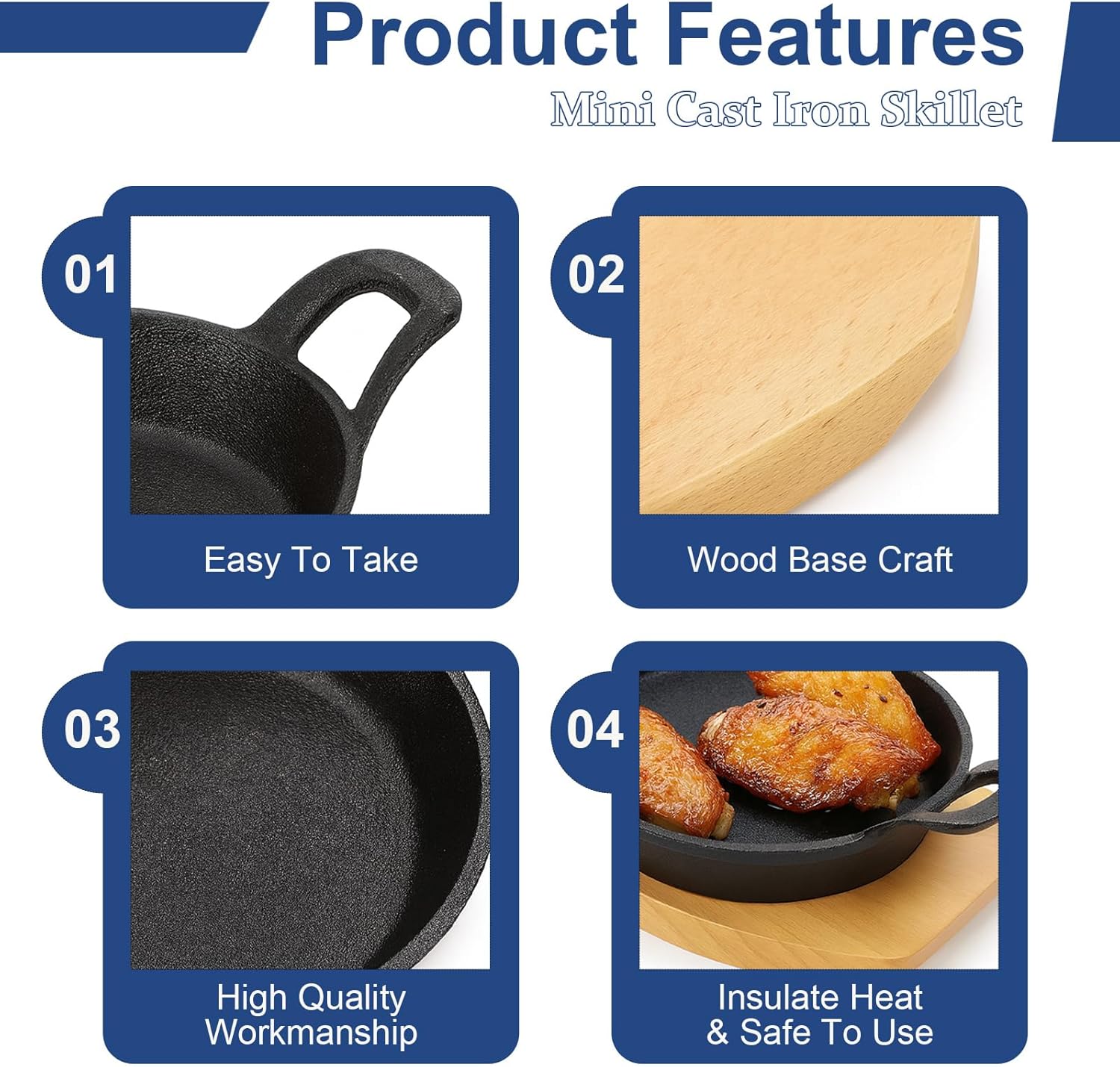 4 Sets Mini Cast Iron Skillet, 6.3 Inch Small Cast Iron Skillets with Wooden Base, Round Mini Pan Fajita Plate Iron Pan Pot, Heavy Duty Cast-iron Cookware for Baking, Frying, Cooking, Serving & More