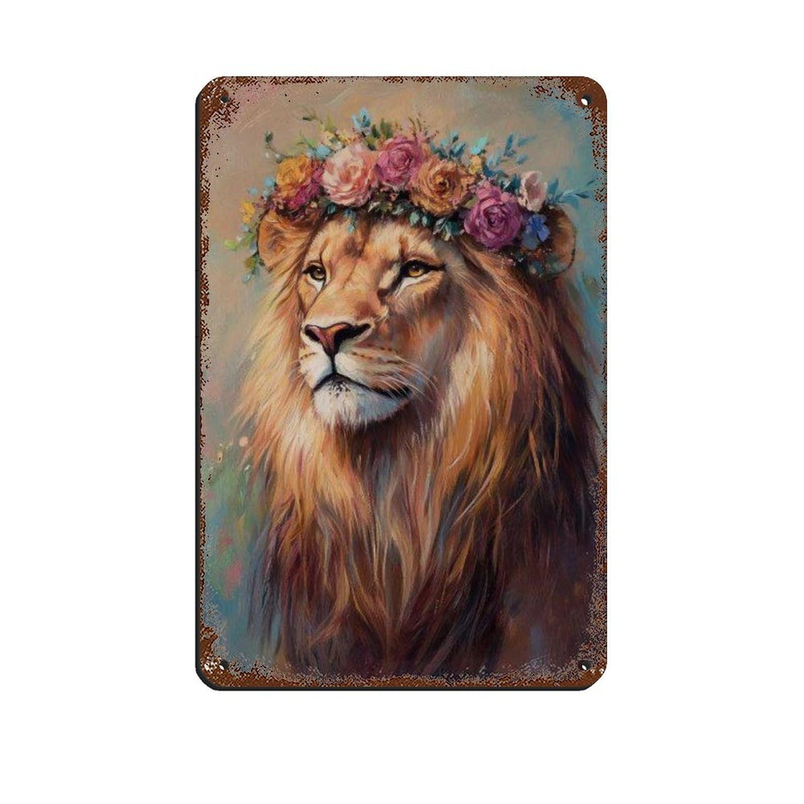 Lxwnze 20L X 30W Cm Majestic Lionwith Flower Crown Tin Sign Vintage Metal Pub Club Cafe Bar Home Wall Art Decoration Poster Retro 8X12inch(20X30cm)