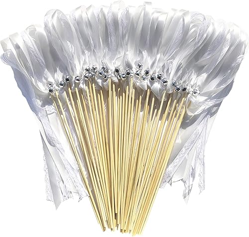 Kingsnow Paquete de 50 varitas de cinta de encaje blanco con campanas plateadas, varitas de deseos de palo de hadas de seda para bodas, actividades disponible en Yaxa Guatemala