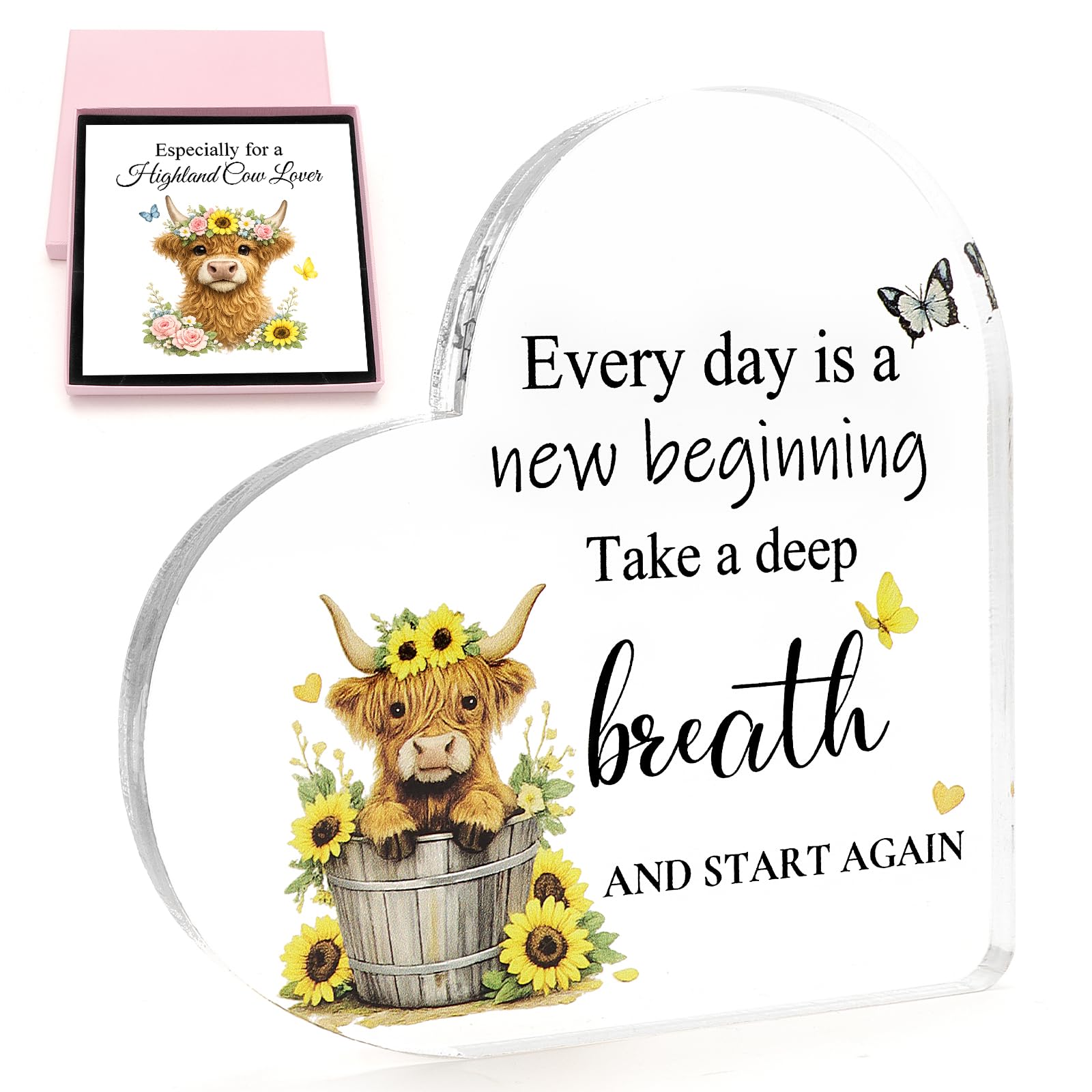 HUNGBAN Highland Cow Gifts for Women with Card and Box,Highland Cow Positive Ornaments for Friends Daughter Sister,Acrylic Desk Sign Decorations for Birthday Christmas Home Office (sunflower)