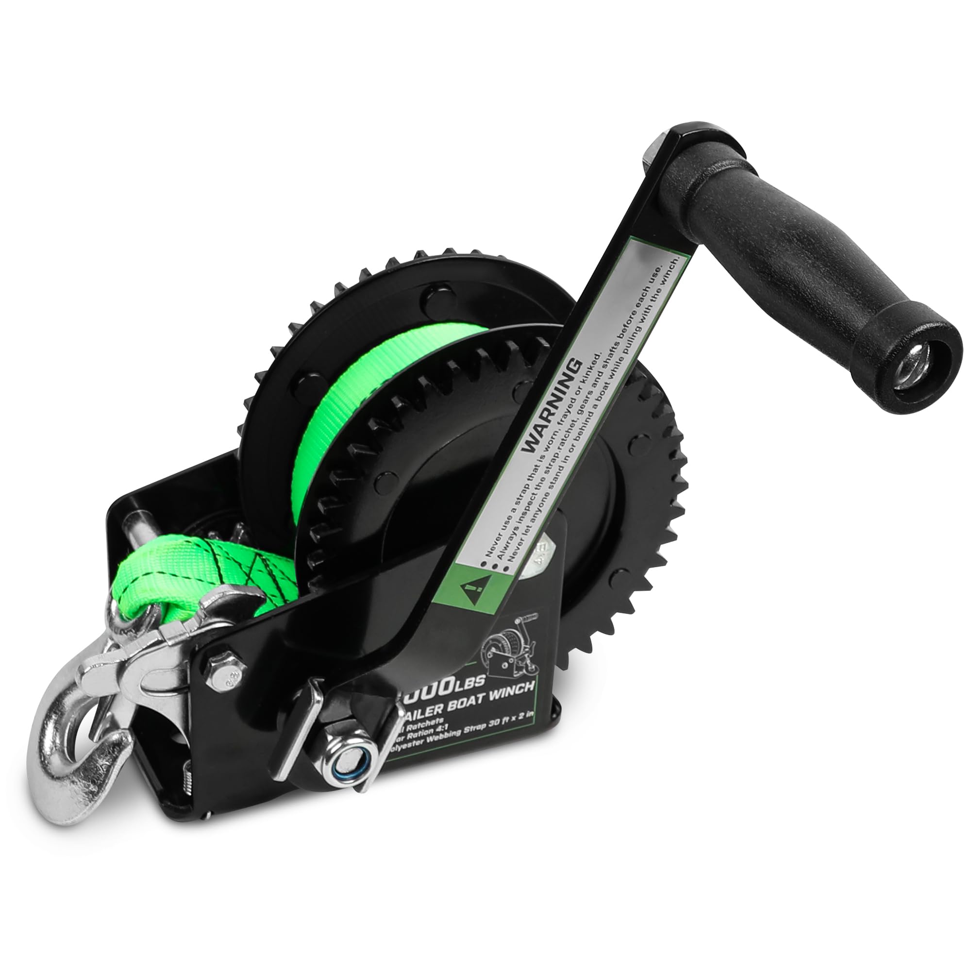 Zostera2000lbs Boat Trailer Hand Crank Winch,with 33ft Strap,2-Way Ratchet 4:1 Gear,Double Side Gears Trailer Winch with Heavy Duty Hook,Crank Winch for Boat, Truck, Trailer, RV, ATV, Jet Ski