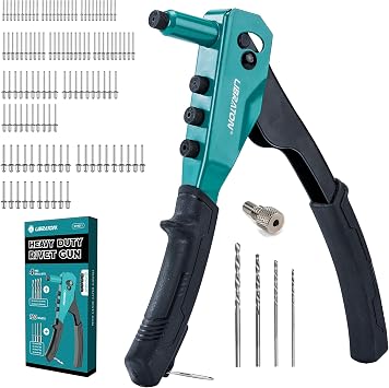 Libraton Rivet Gun Set, Pop Rivet Gun, Heavy Duty Rivet Tool, Professional Hand Riveter, Manual Riveting Tool with 120 Blind Rivets, 4 HSS Drill Bits, 4 Tool-Free Interchangeable Heads