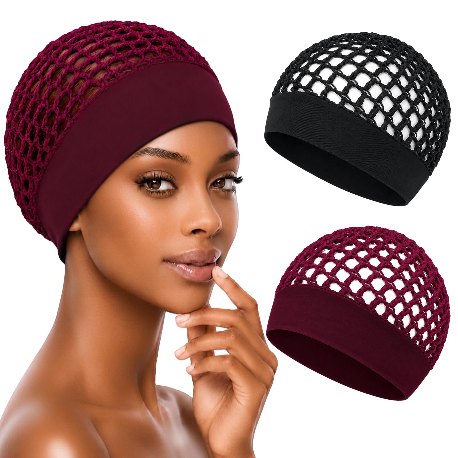 2Pcs Hair Nets for Sleeping Ultra-Wide Soft Band Crochet Hair Wrap Breathable Hairnet for Women Reusable Elastic Sleep Cap(Black,Wine)