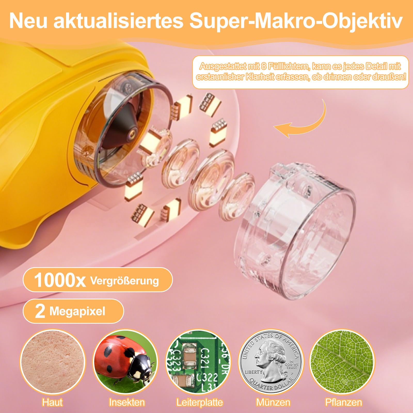 1000x Mikroskop für Kinder Handheld Digitales, Kinder Mikroskop mit 2,0'' IPS Bildschirm, Tragbares Mini Mikroskop für Outdoor Entdeckung, STEM Lernspielzeug, Geschenk für Jungen und Mädchen 4–12