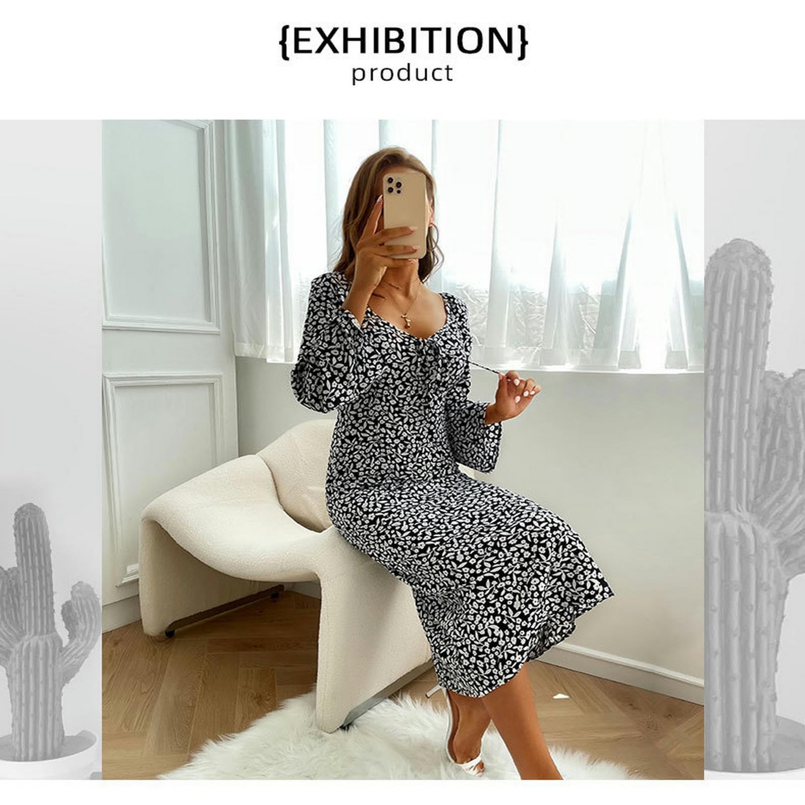 Vestido de cuello cuadrado para mujer, vestido de manga larga con volantes, estampado floral bohemio, vestidos fluidos YYEFNMAZ