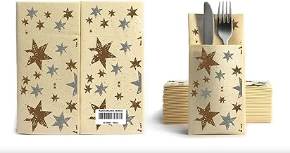AROBA 50 x Airlaid Cutlery Napkins (Champagne with Stars, 39 x 40 cm) - Napkin Pockets - Ready-Folded Cutlery Pockets - Winter Motif - Advent - New Year's Eve - Christmas