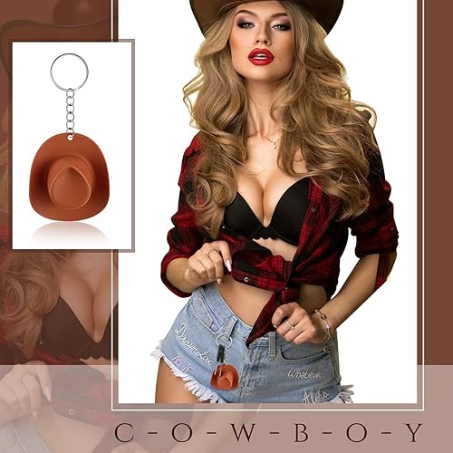 Miniatura 5 de Sureio 12 piezas de vaquera vaquera despedida de soltera decoración de plástico mini sombrero occidental llavero para despedida de soltera fiesta de