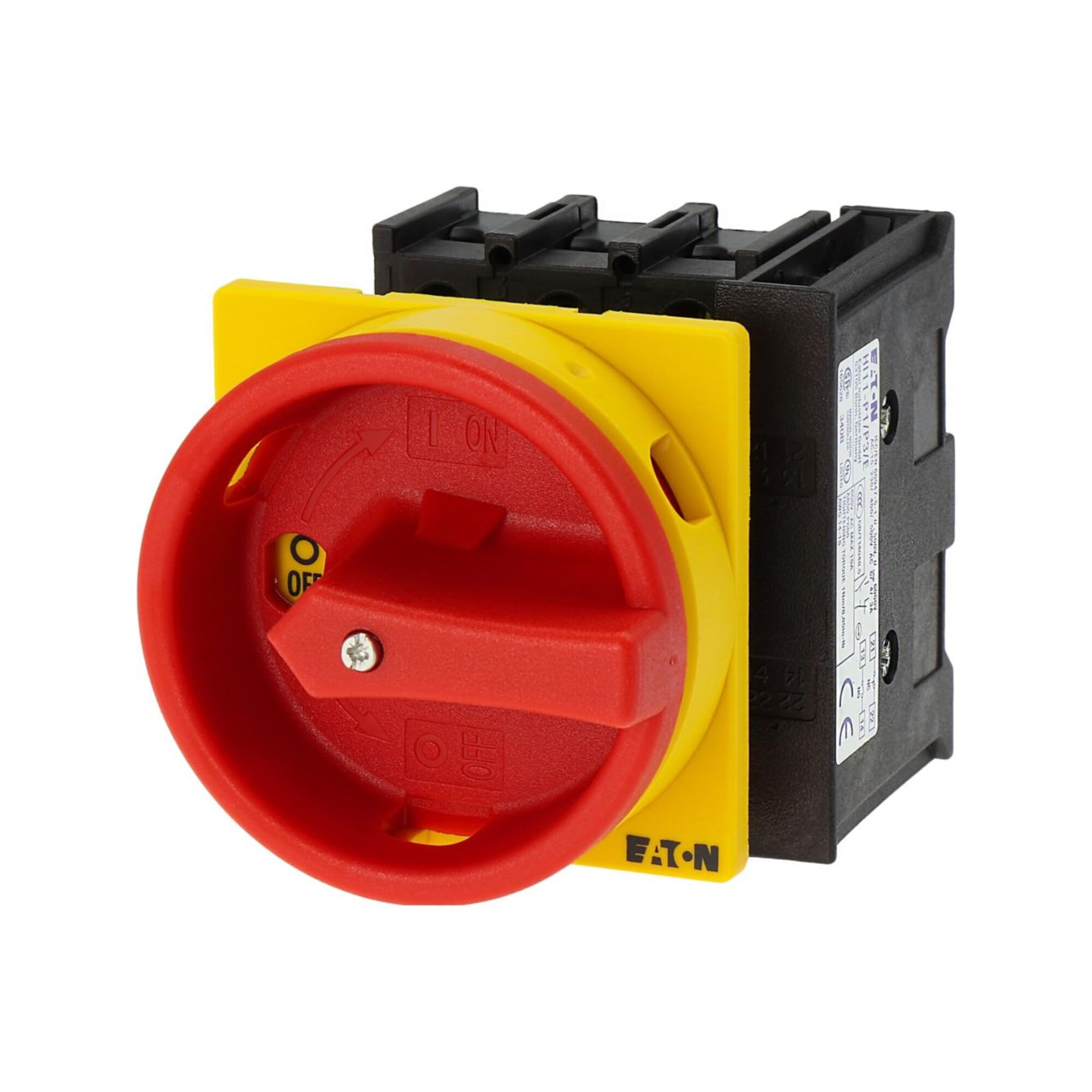 Eaton P1-32/EA/SVB/HI11 Interruptor General, 3 Polos con 1 NO con 1 NC, 32 A, Función de Parada de Emergencia, Bloqueable en posición 0, Montaje Empotrado