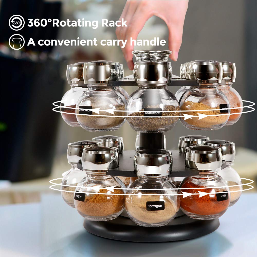 Masthome Spice Rack with Jars, Rotating Spice Rack Organiser for