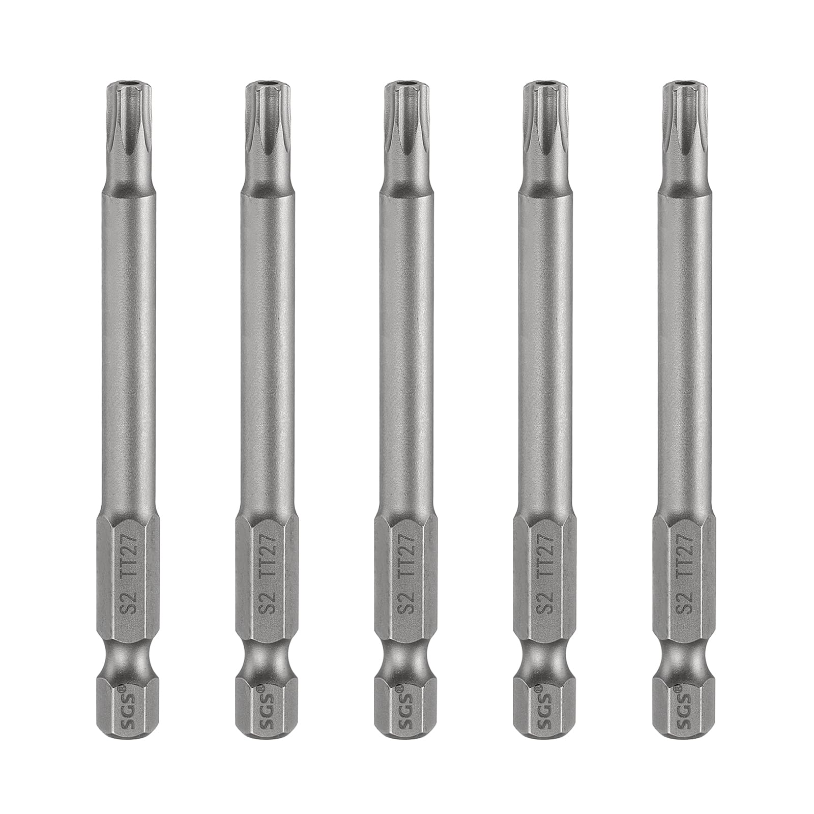 HARFINGTON 5pcs TT27 Security Torx Head Screwdriver Bit 3.15" (80mm) Long 1/4" Hex Shank Magnetic Tamper Proof 6 Point Star Screw Driver Drill Bits S2