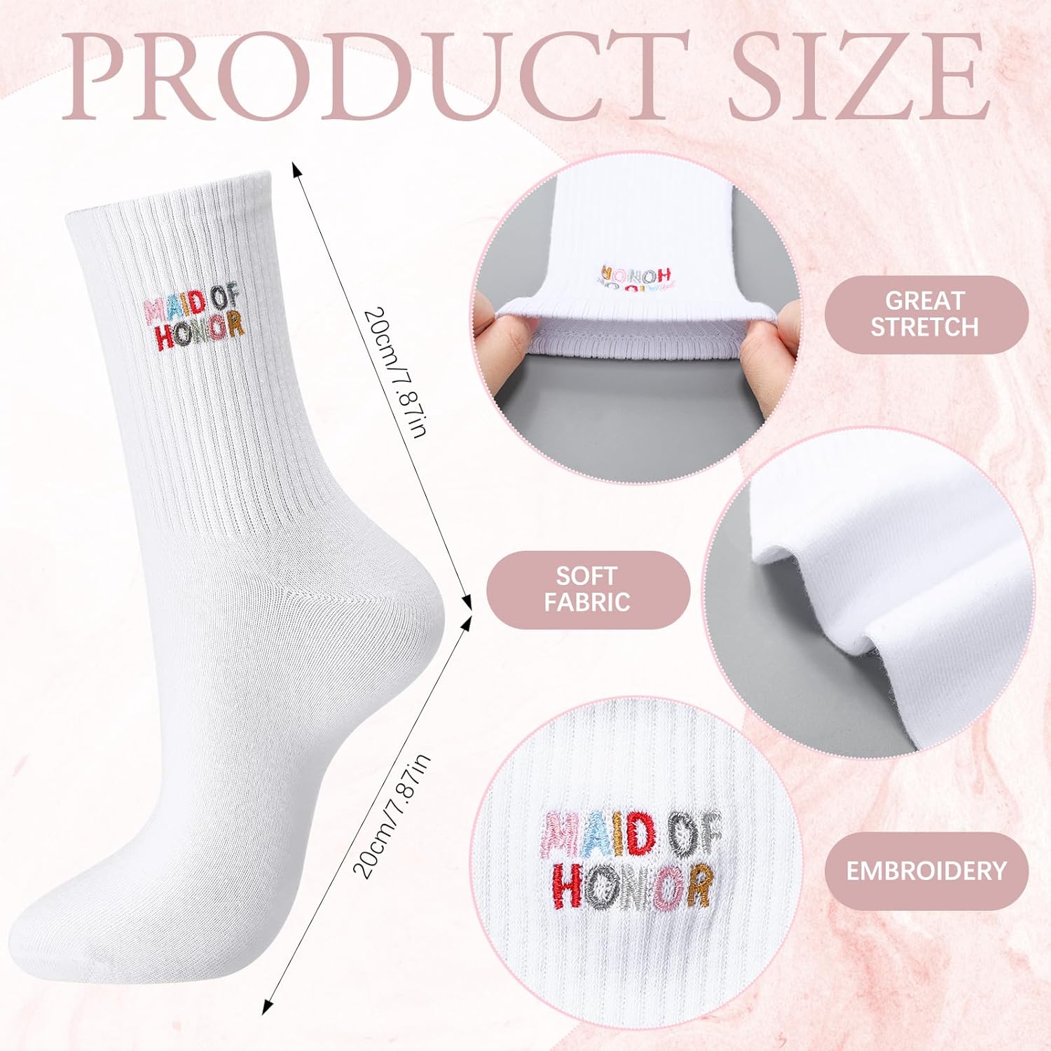 Glitopper 8 Pairs Wedding Socks Set Bridesmaid, Bride, Maid of Honor Gifts Embroidered White Crew Socks for Women Proposal Bridal Shower Bachelorette Party Costume Accessories