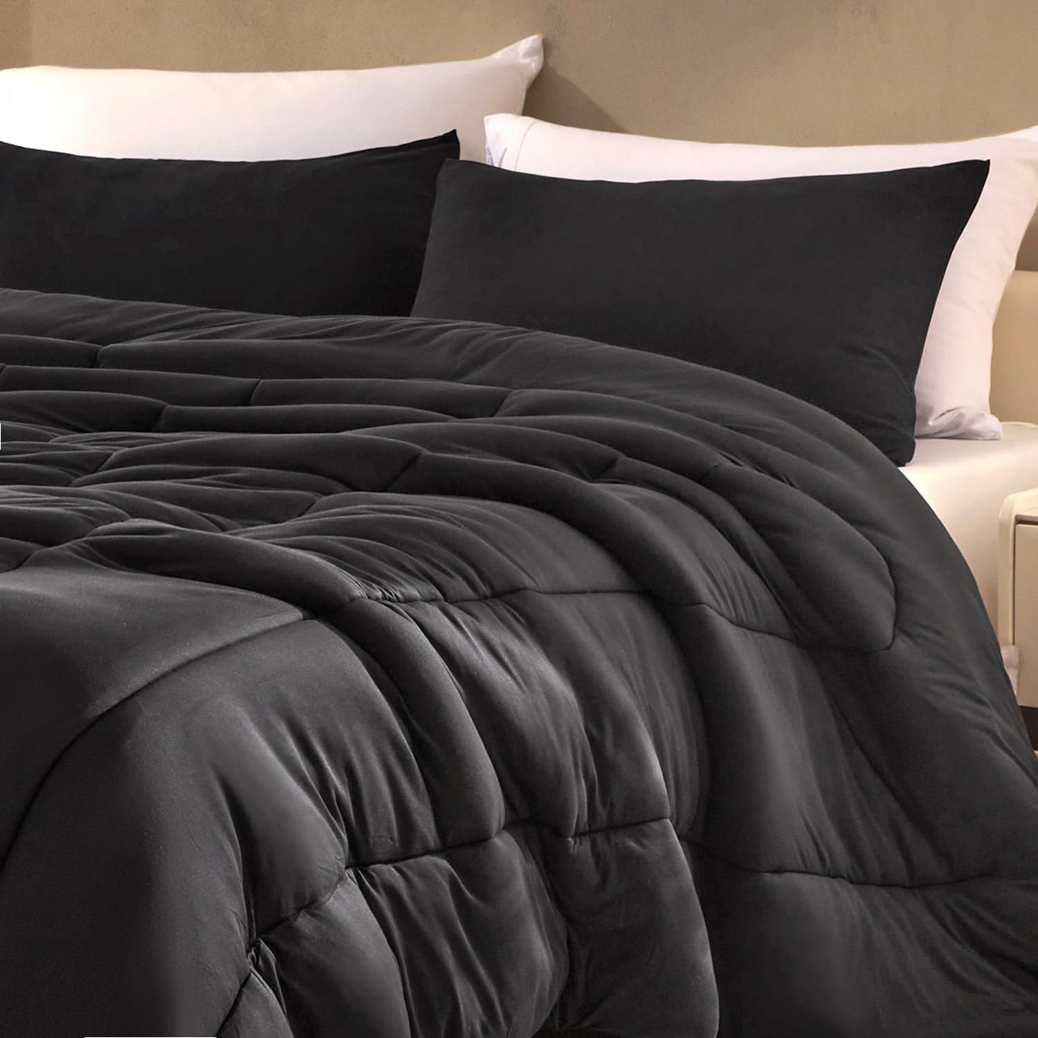 SLEEP ZONE King Size Comforter Set, Breathable Jersey Knit Soft Duvet Insert Set 3 Pieces Bedding Sets for Bedroom All Season, Black