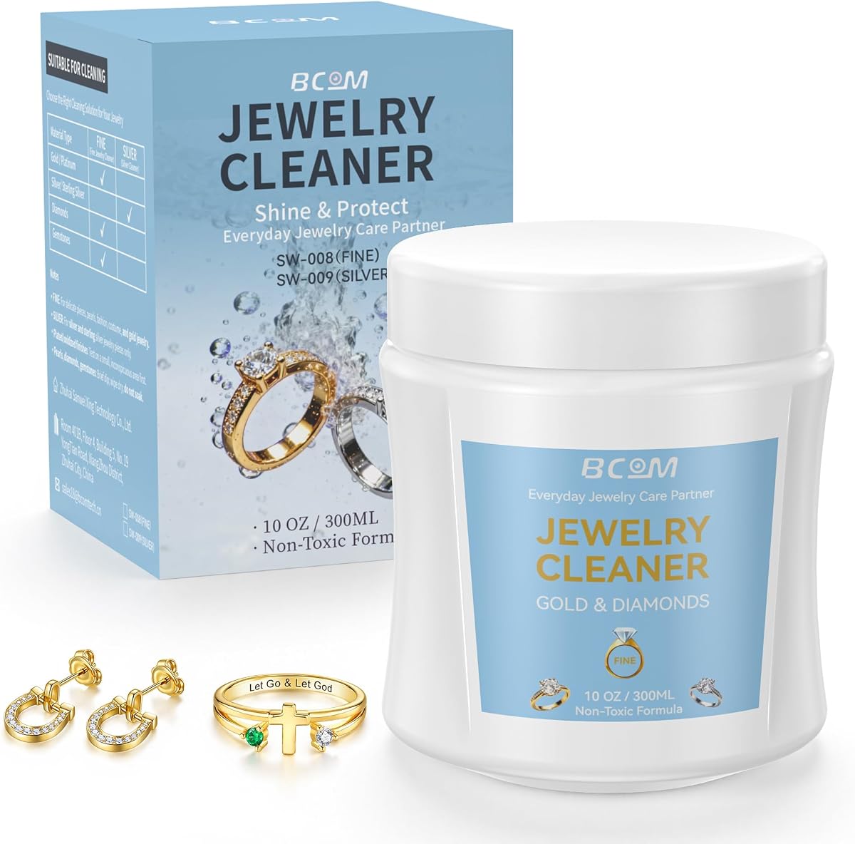 Solución limpiadora de joyas BCOM, líquido suave para remojo de oro y diamantes, 10 oz | Removedor de deslustre profesional diseñado para restaurar el brillo y limpiar en profundidad anillos preciosos sin necesidad de frotar con fuerza.