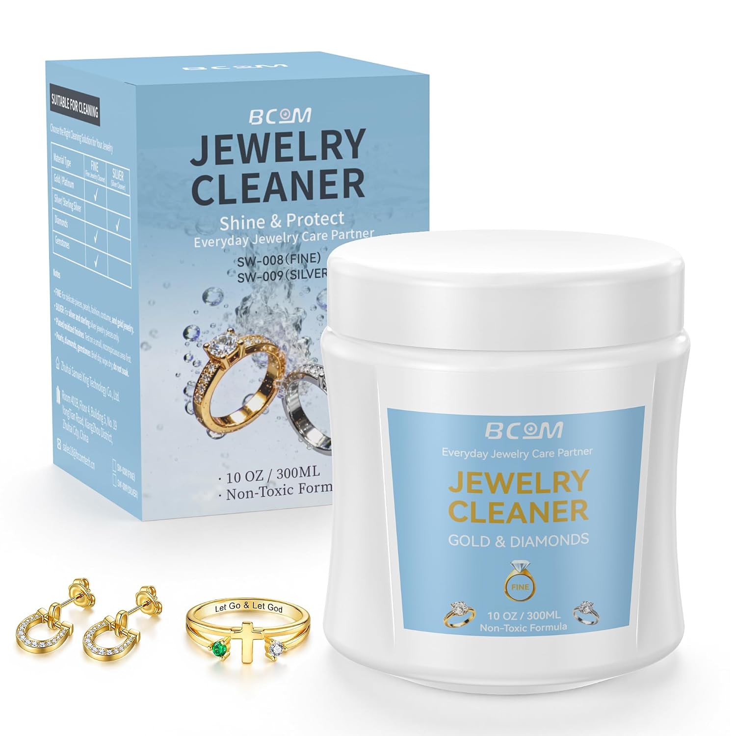 BCOM Jewelry Cleaner, Ring Cleaner pH-Balanced Gentle Formula, Effective Jewelry Cleaner Solution for Gold, Platinum, Diamonds & Most Gemstones, Great for Rings, Necklaces, Bracelets & Earrings (10oz)