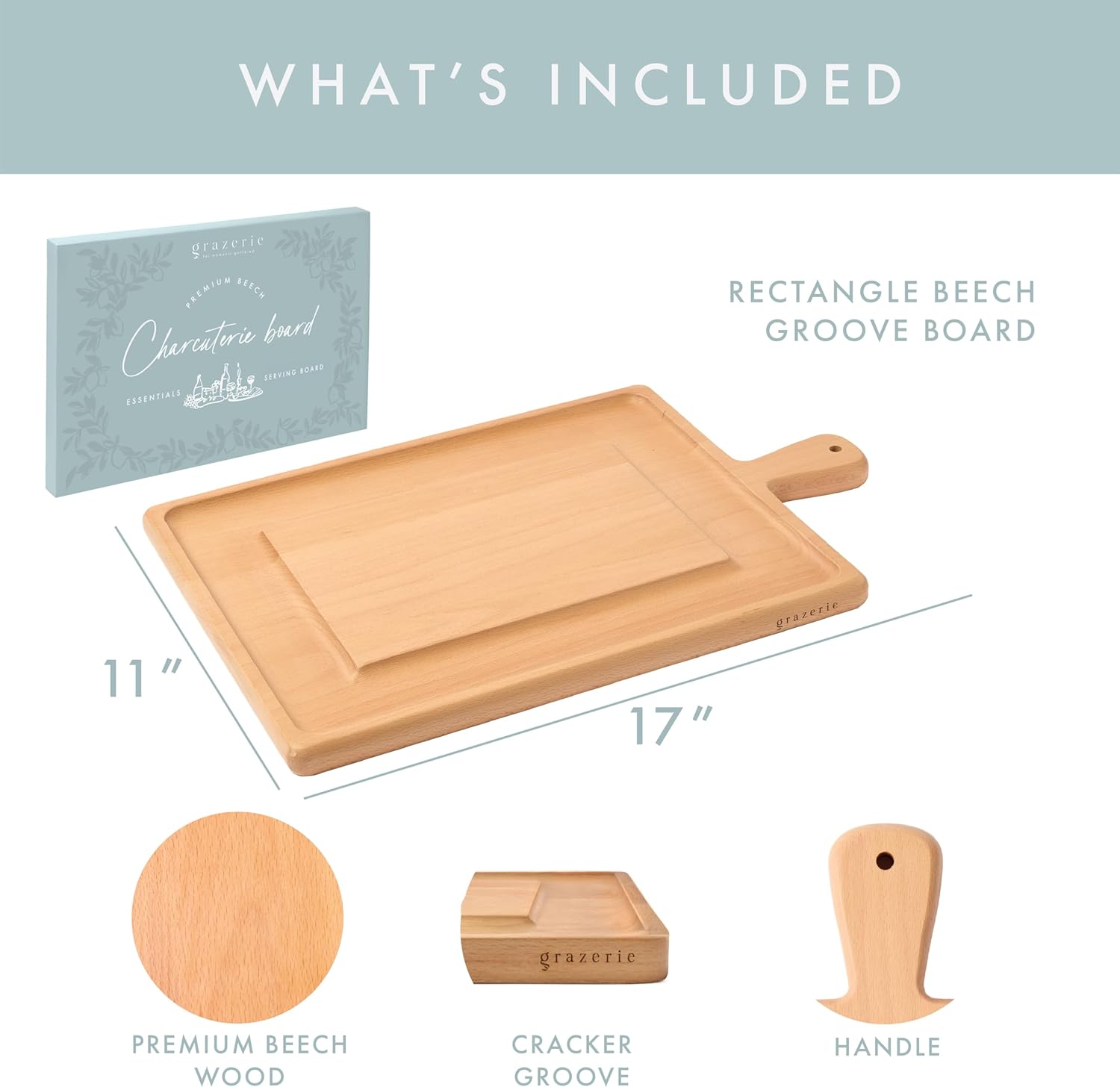 Charcuterie Board - Beech Wood Cutting Board for Kitchen with Groove & Handle, Cheese Board for Vegetables, Bread, Fruits, Meat - Decorative Wooden Serving Tray House Warming Gift