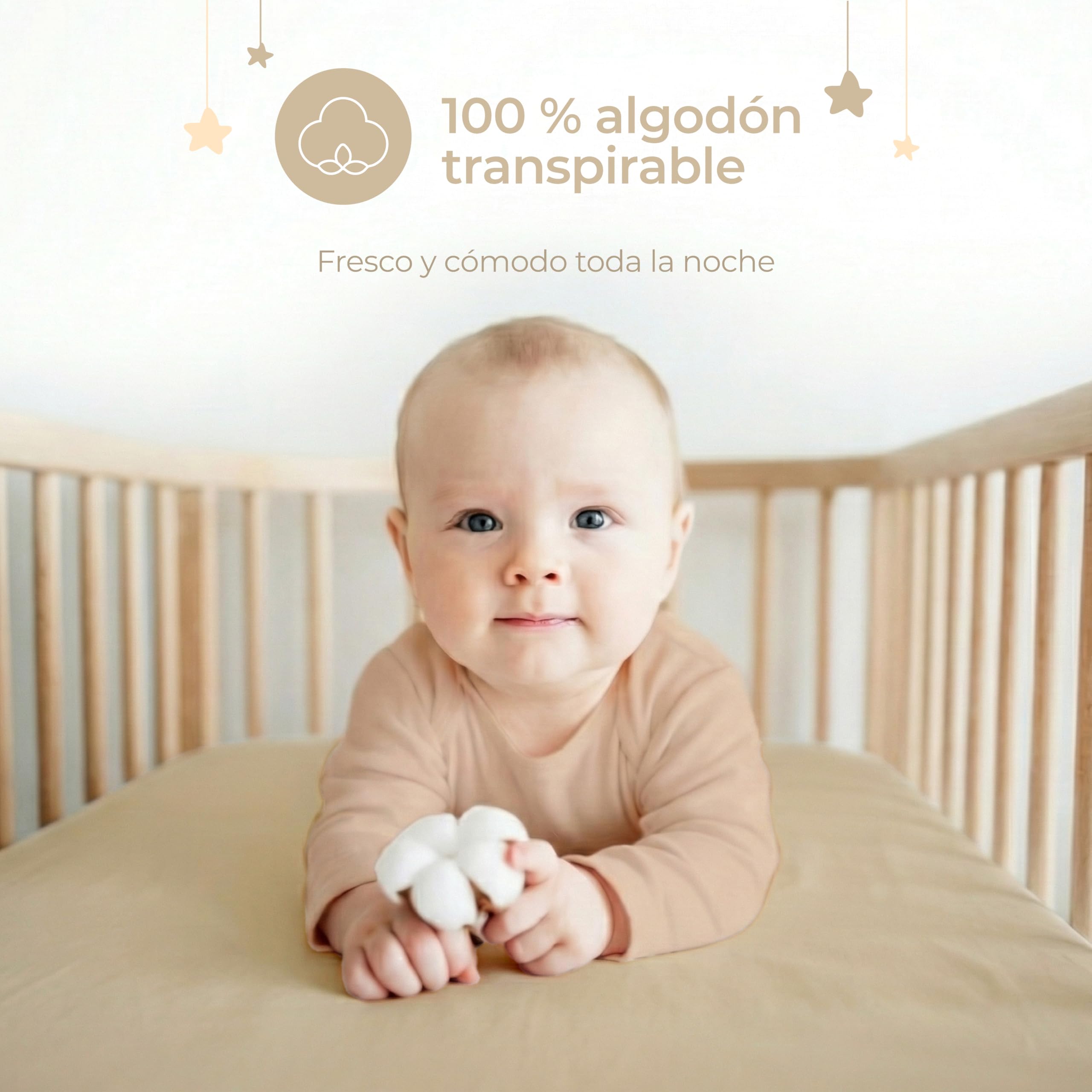 Dreamzie Juego de 2 Sabana Bajera Cuna 70x140 Algodon - Ajustables, Oeko Tex Certificado - Sabanas Cuna 70x140 para Colchon y Cama Infantil - Beige/Blanco
