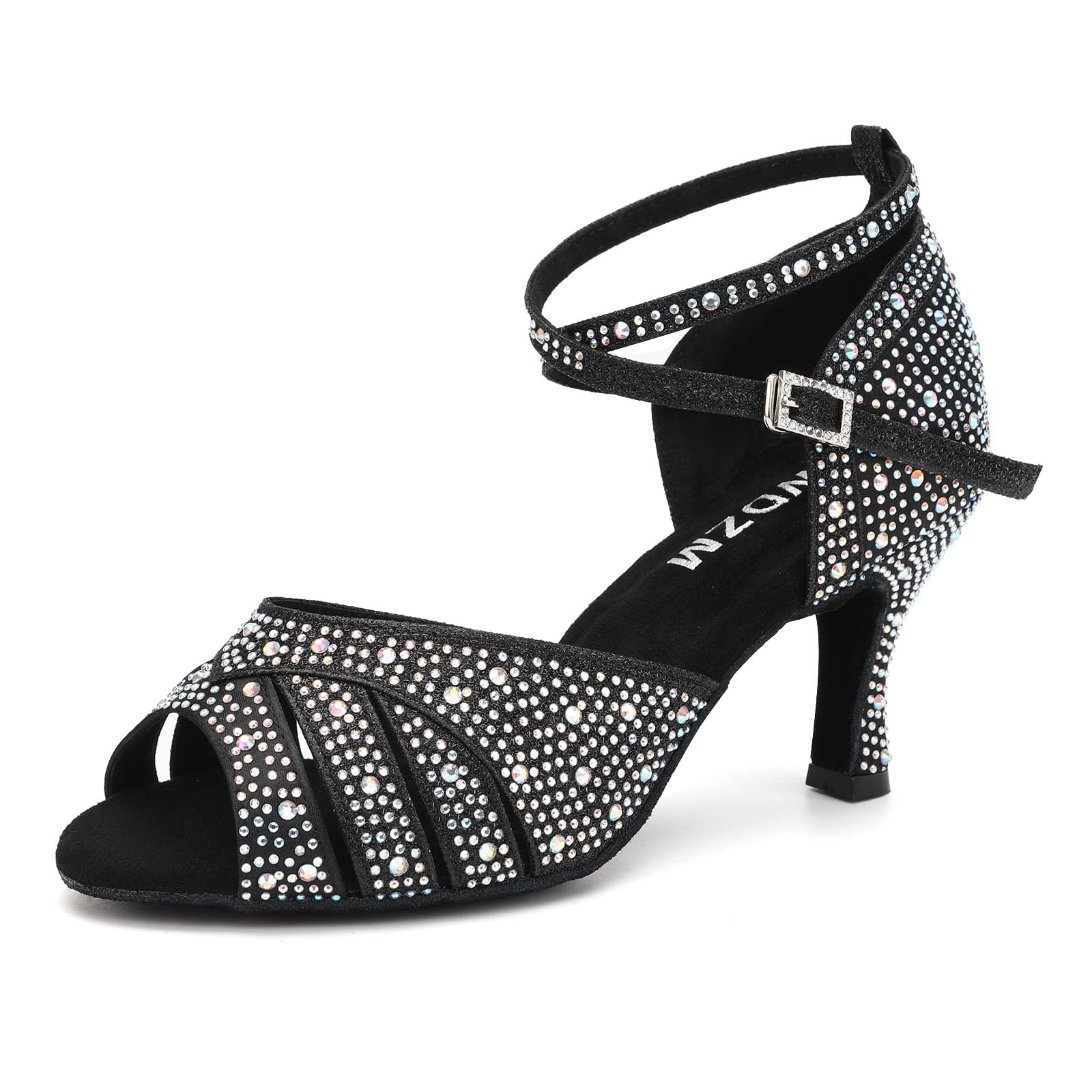 SWDZM Scarpe da Ballo Latino Donna Strass Salsa Bachata Prestazioni Professionale,Zwart,Hakhoogte 7cm,Suède zool,EU 39