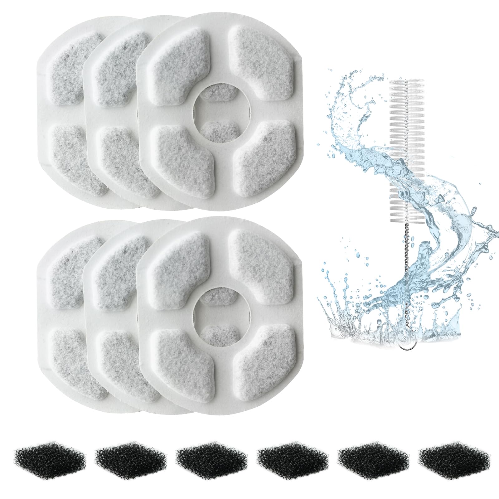 Filtri per fontanella per gatti Minthouz P017, 6 pezzi Filtro di ricambio con carbone attivo per fontana gatti(con spazzola per la pulizia)