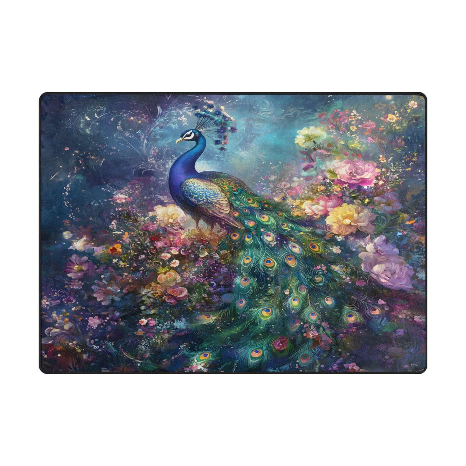 Grand tapis salon contemporain fleur de paon C doux 203 x 147 cm