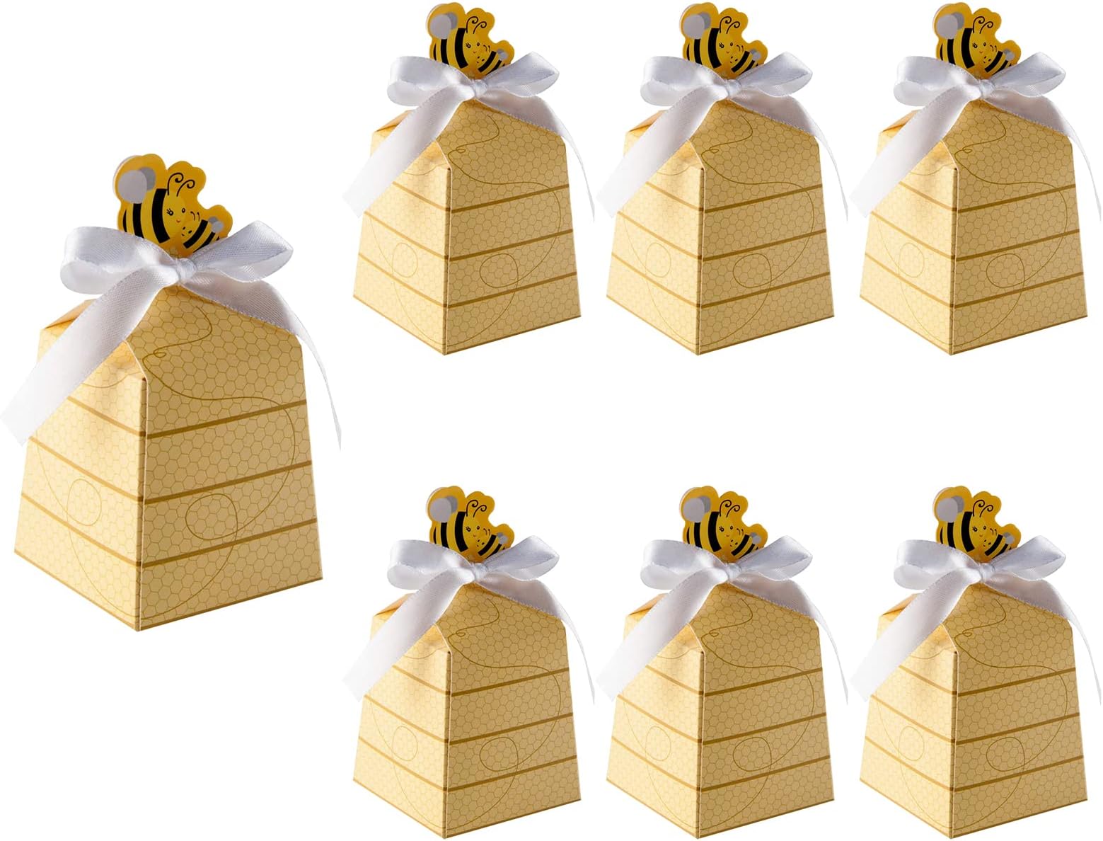 Cyblinia 100 Pieces Bee Candy Boxes Paper Beehive Gift Boxes Bee Party Favor Boxes with Ribbons for Birthday Party Decorations