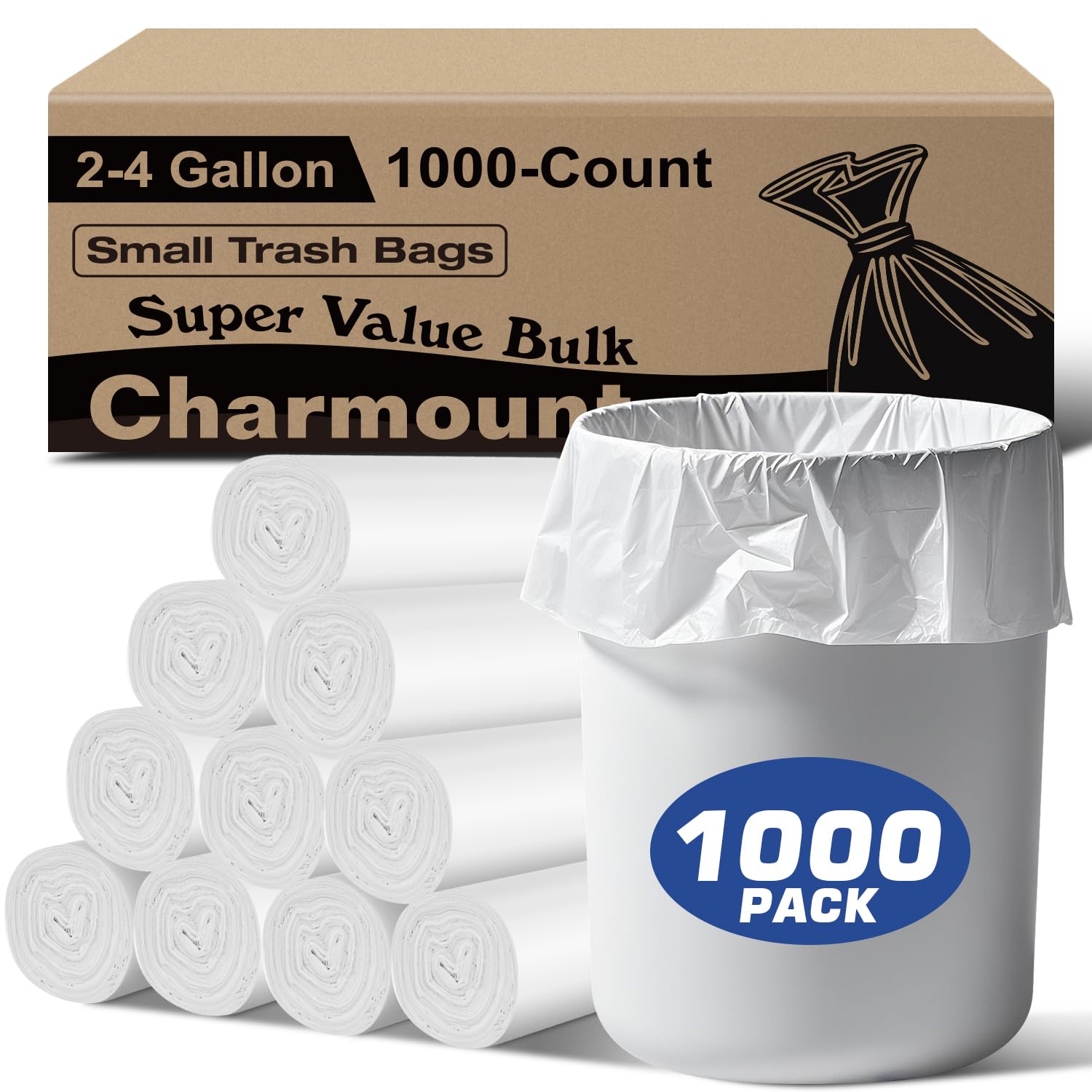 Charmount Small Trash Bags 2-4 Gallon 1000 Count, Unscented White Plastic Wastebasket Liners for Bathroom, Mini Garbage Can or Bin
