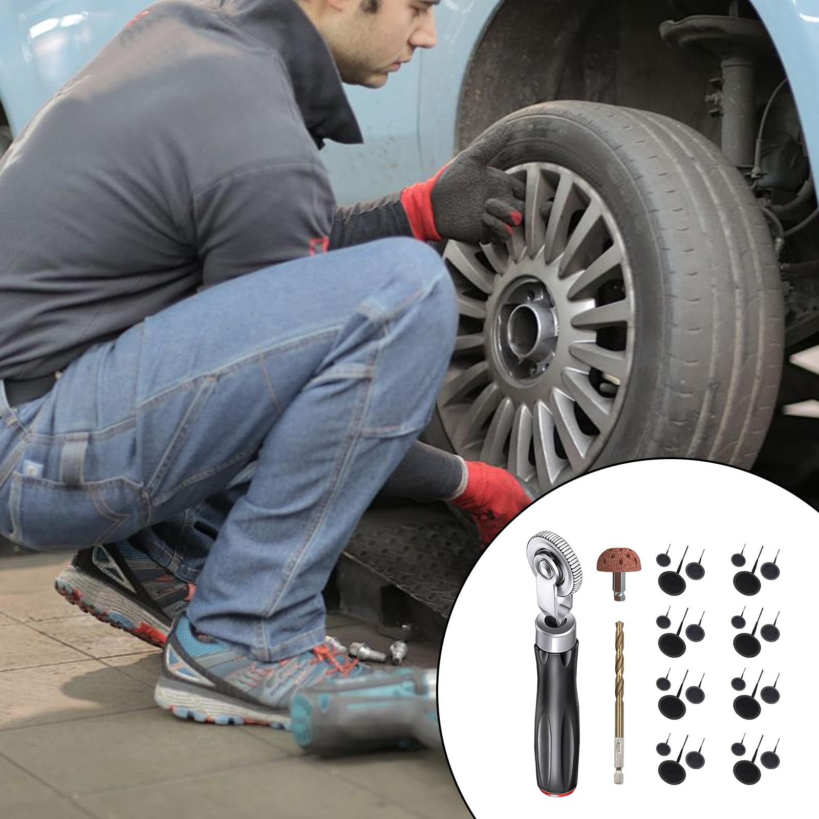 Kit De Réparation De Pneus, 27PCS Outil De Réparation De Pneus Kit De Rustines Pour Pneus Bouchon En Caoutchouc En Forme De Champignon Pour Réparation De Pneus De Voiture Camion Moto Vélo