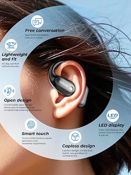 MINISO MS190 Language Translator Earbuds, AI Translation Earbuds Real Time with 135 Languages, Bluetooth 6.0, LED Display, Open-Ear Translation Headphones with APP, 60Hrs Playtime for Business
