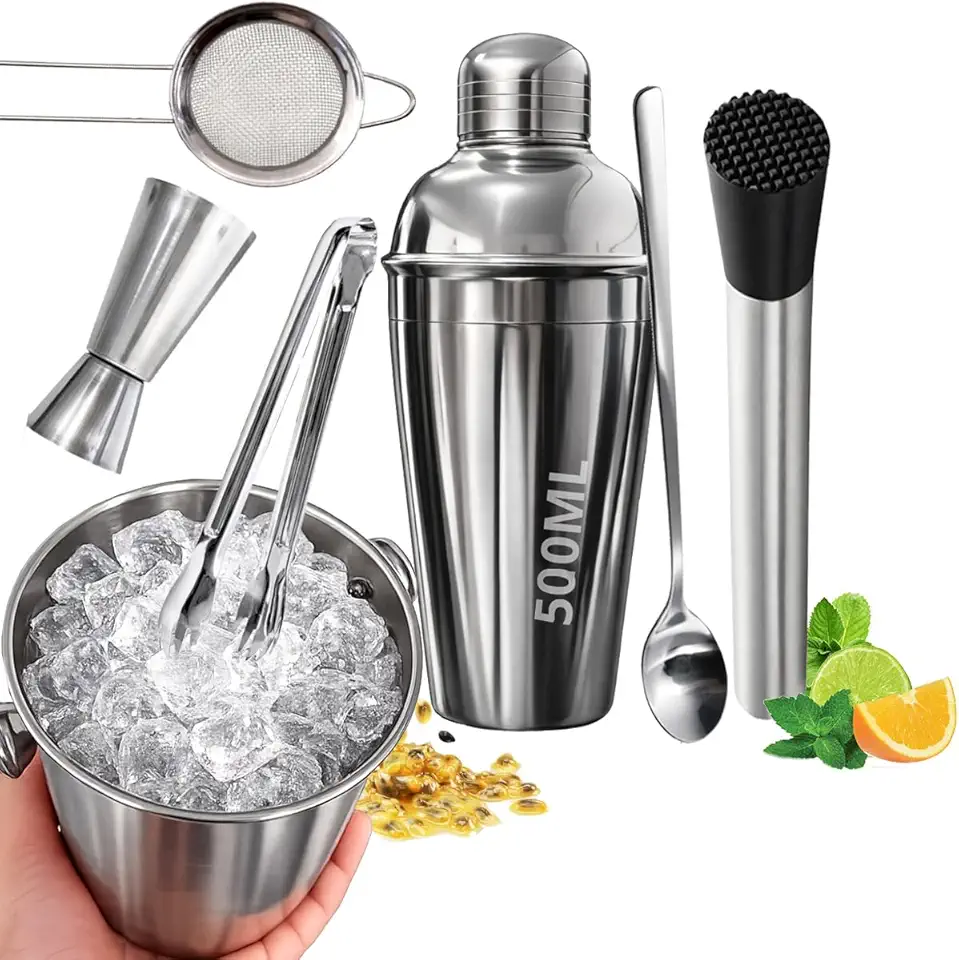 Kit Caipirinha Profissional 7 Peças Inox Coqueteleira 500 Ml, Socador, Colher Bailarina, Dosador Duplo, Balde, Pegador, Peneira