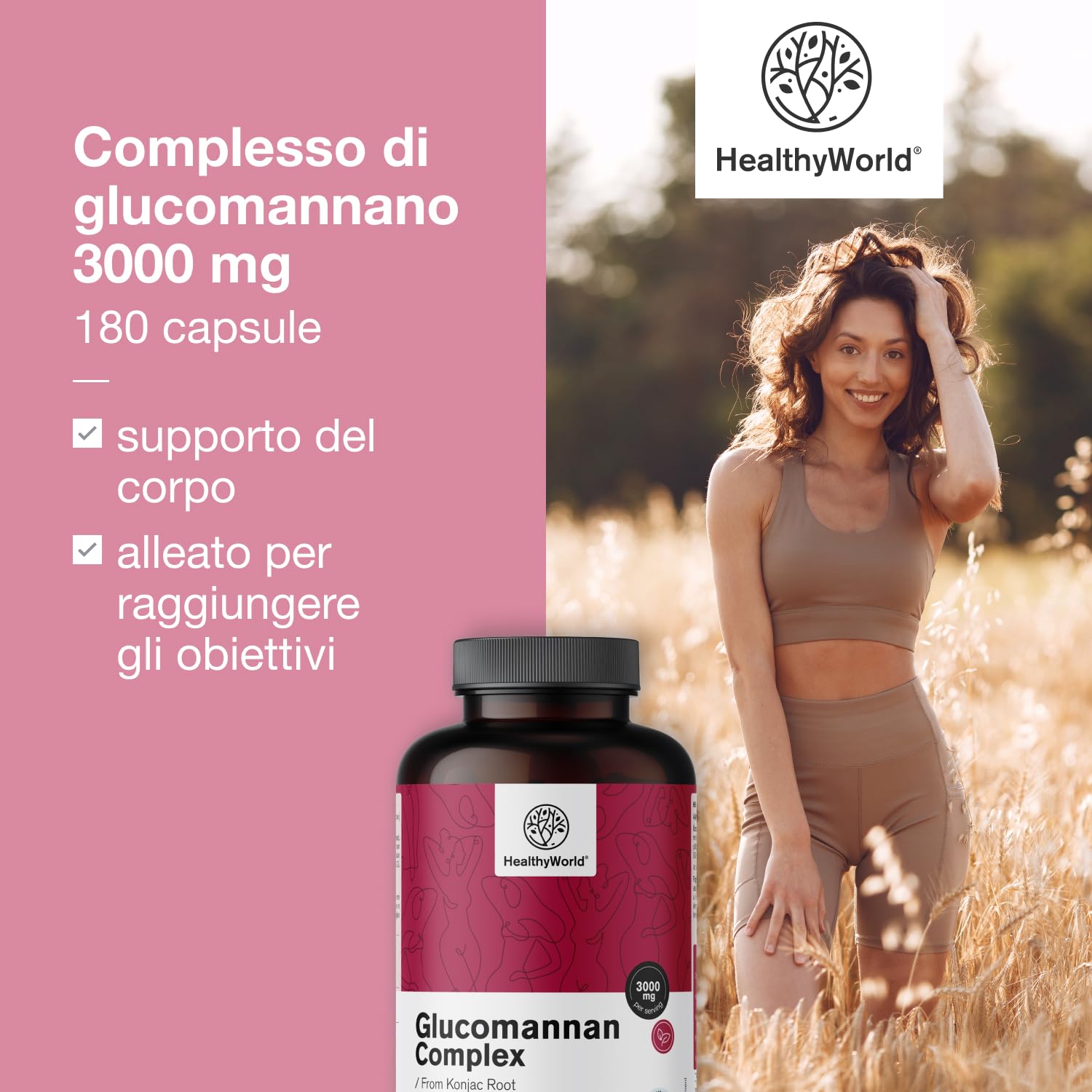 HealthyWorld Complesso di glucomannano 3000 mg – Dalla Radice di Konjac - 180 capsule - Con aggiunta di Colina, Cromo, Vitamine D3 e B3 - Senza OGM - Scorta per 1 mese