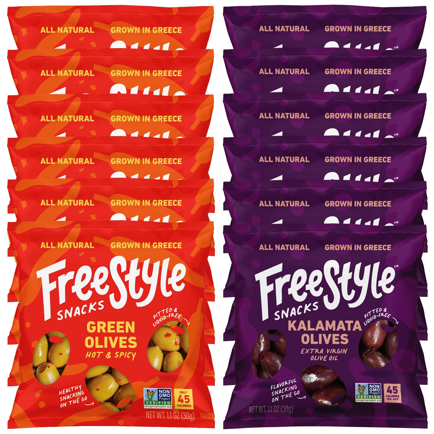 Freestyle Snacks Olive Packs - Bundle of 2 Flavors - Hot & Spicy Olives, 1.1oz (6 Pack) plus Kalamata, 1.1oz (6 Pack) - Fresh Pitted Olives, Jumbo-Sized, Grown in Greece, All Natural, Non-GMO & Vegan