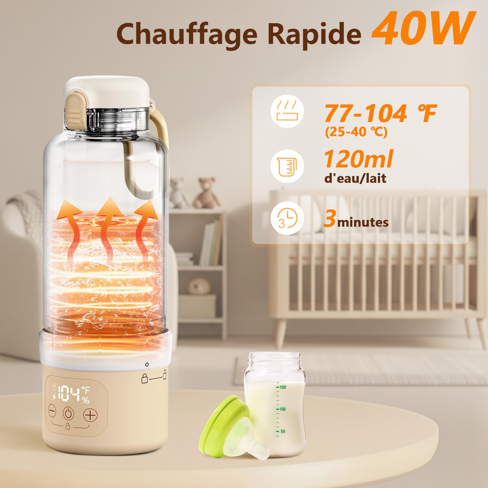 Robofun Chauffe Biberon Portable pour Nomade sans Fil, Chauffage Rapide et Grande Capacité De 500 ml, Longue Autonomie pour Toute la Journée