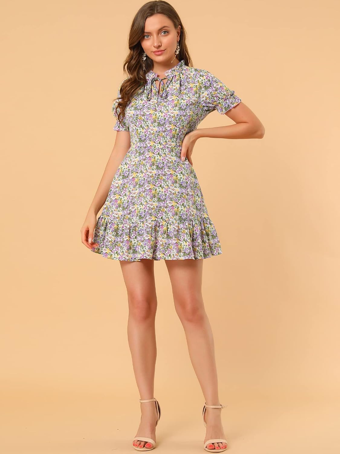 Allegra K Women's Ruffle Dress 2023 Summer Chiffon Tie Neck Puff Short Sleeve Floral Smock Dress - Image 3