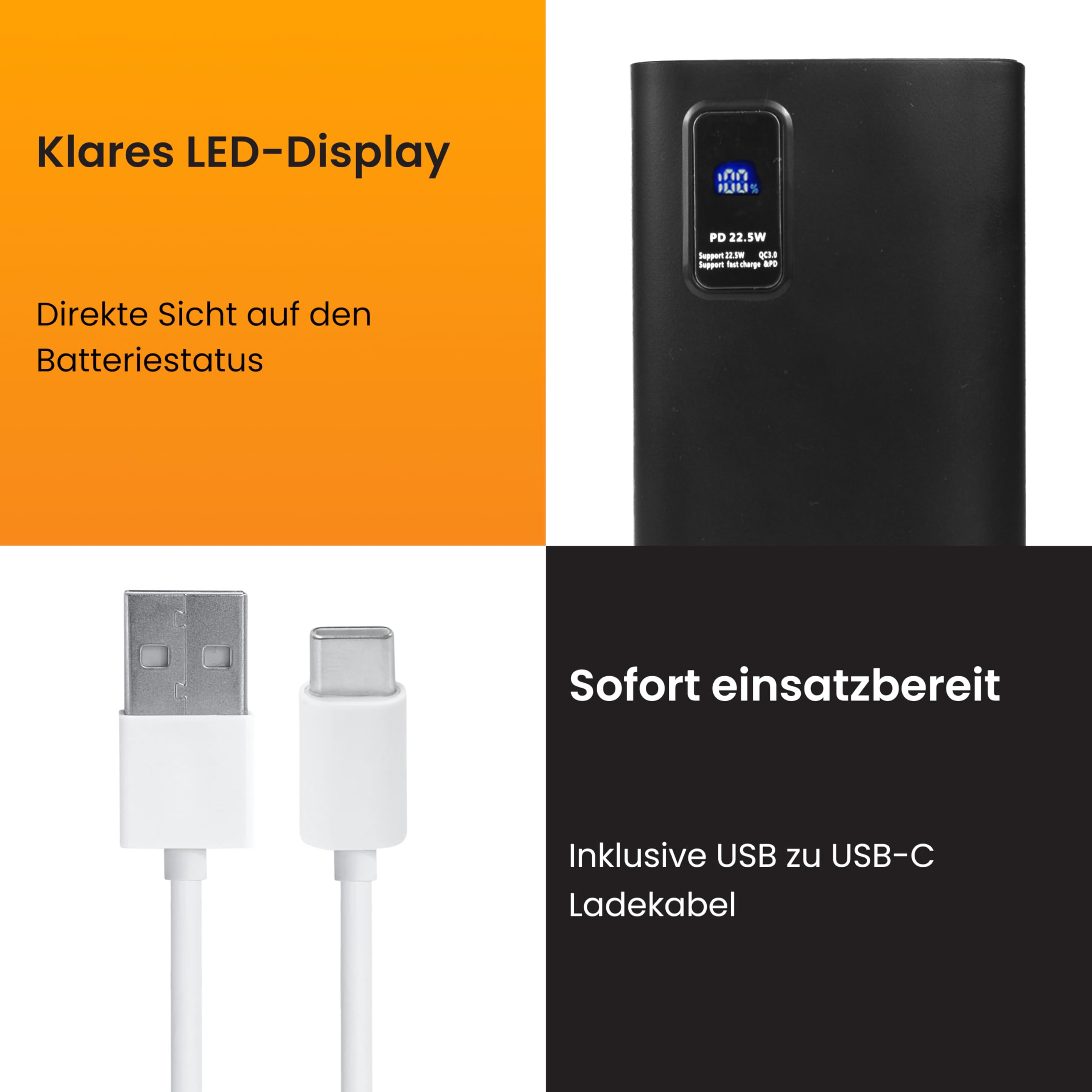 R2B Power Bank 30000mAh – Externe Powerbank mit Schnellladefunktion, USB C PD 20W, LED Anzeige, Tragbarer Handyakku und Ladegerät