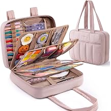 AMOIGEE Sewing Supplies Organizer Bag, Large Craft Storage Tote with 17 Clear Pockets&Tool Holders, Portable Crochet Knitting Embroidery Organizer Case for Threads, Hooks, Needles & Sewing Accessories