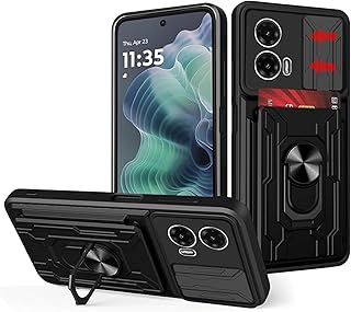 Compatible with Motorola Moto G35 5G Case with Slide Camera Cover Removable Card Holder Built-in Kickstand Shockproof Hard Silicone Padded Phone Case - Black