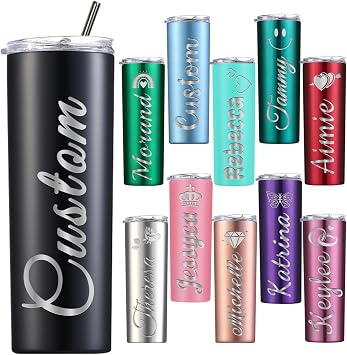 Personalized Skinny Tumbler with Lids and Straws Names Custom Stainless Steel Tumblers Women Men Kids Laser Engraved Insulated Gift 20oz Black