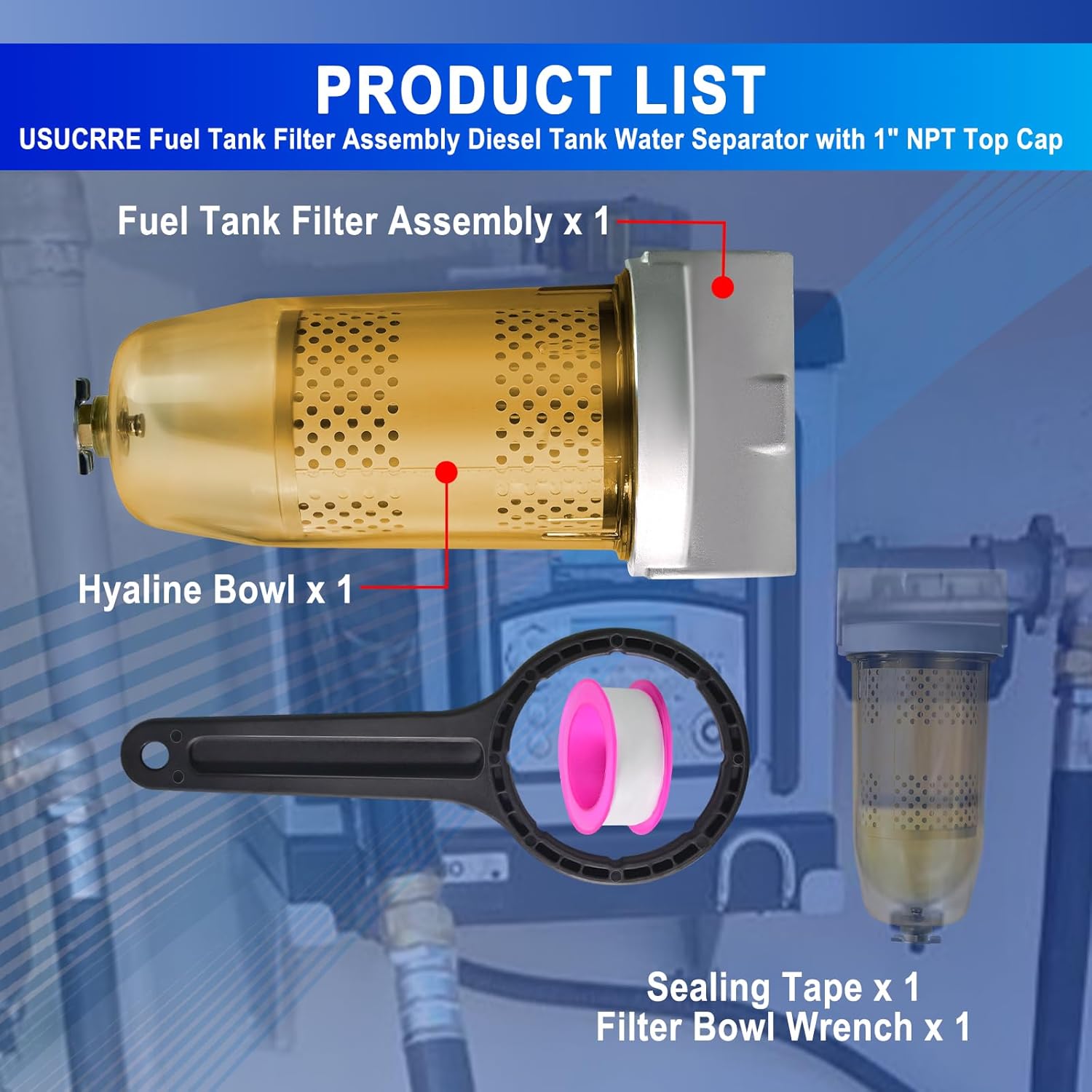 1" NPT Top Cap 496 Bowl Fuel Tank Replacement for Gasoline and Diesel Water Separate 30 Micron Filtration Max 25 Gpm 150 Psi Flow Replace# B10-AL Oil Filter Assembly with Wrench