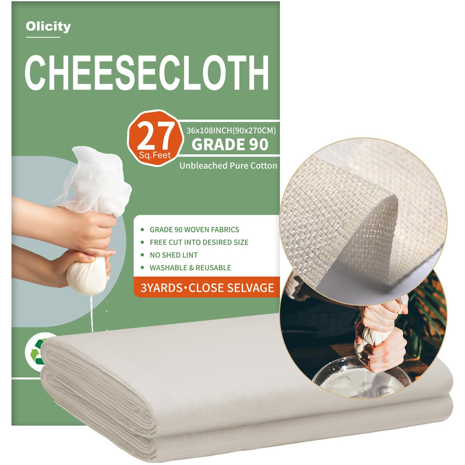 Olicity Cheese Cloths, Grade 90, 27 Sq Feet, Reusable Cheese Cloth