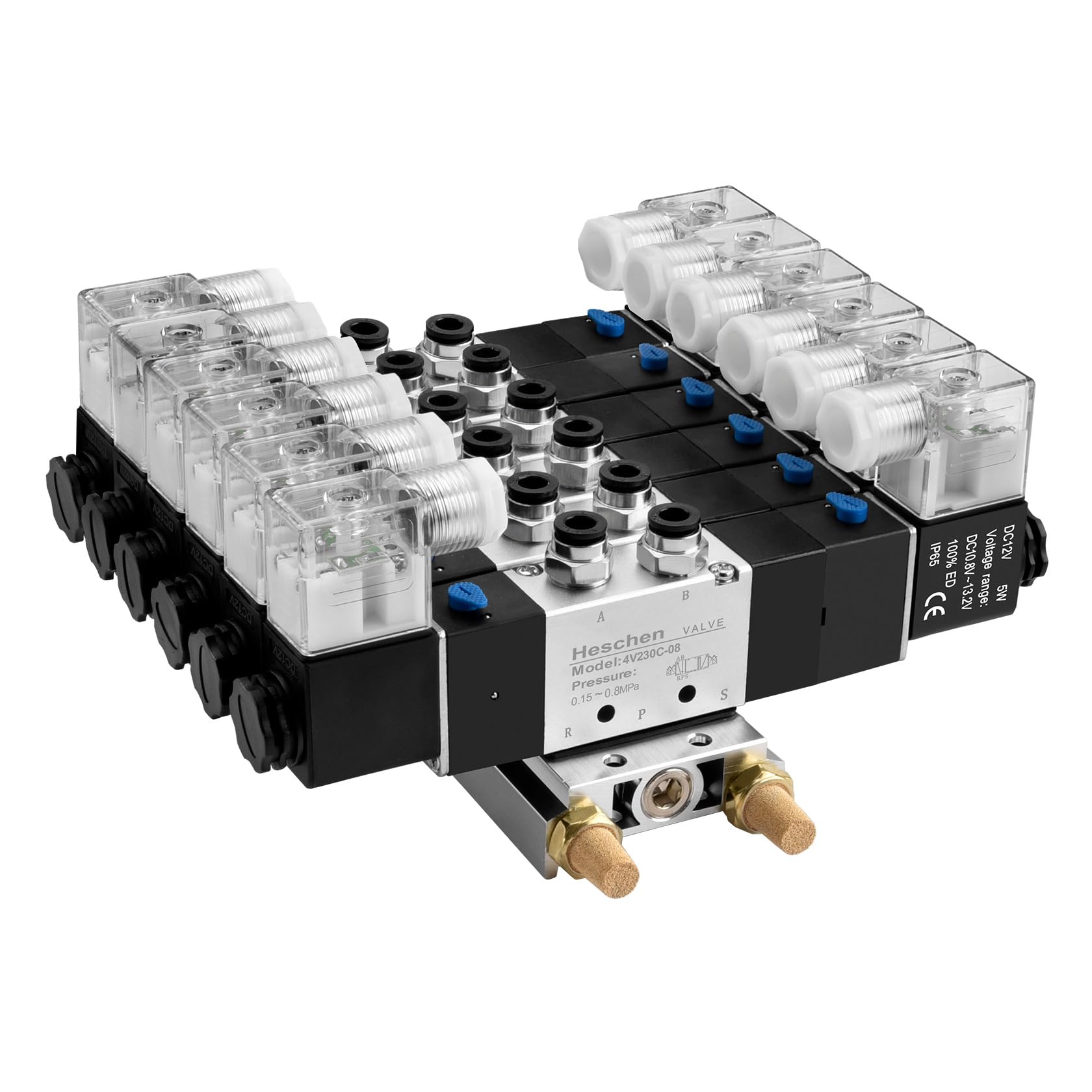 Heschen Válvula solenoide neumática eléctrica 6, 4V230C-08, 12VDC, PT1/4, 5 vías 3 posición, base del colector, silenciador, conjunto de accesorios rápidos, CE