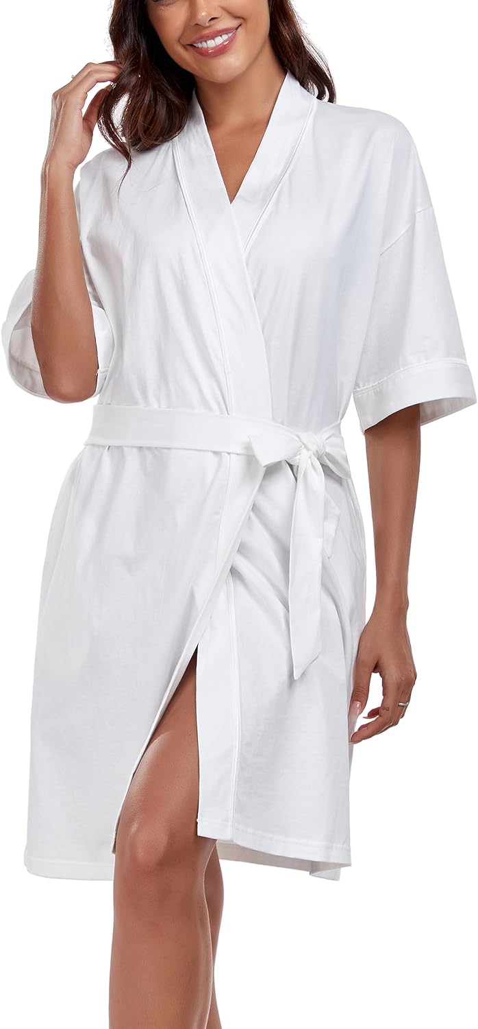 ANLIQI Womens 100% Cotton Robes Lightweight Short Sleeve Bathrobe Knee Length Kimono Bath Robe with Pockets Ladies Sleepwear