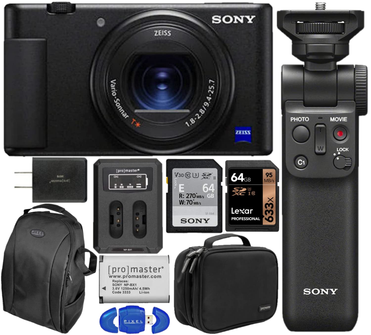 Sony ZV-1 Digital Camera Bundle with ACCVC1 Vlogger Accessory Kit, Camera Backpack, Extra Battery & 