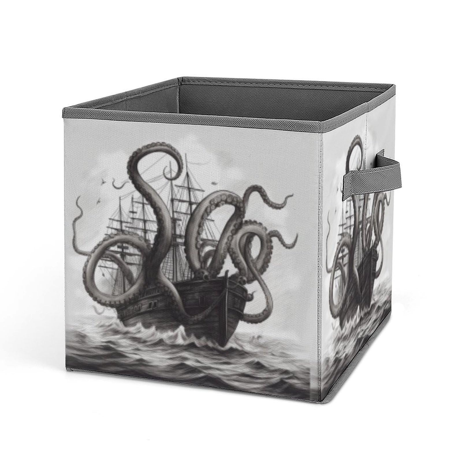 JTREHY Black And White Octopus And Ship Printed Foldable Storage Box, 10.6 Inches Fabric Storage Box for Wardrobe, Bedroom, Utility Room